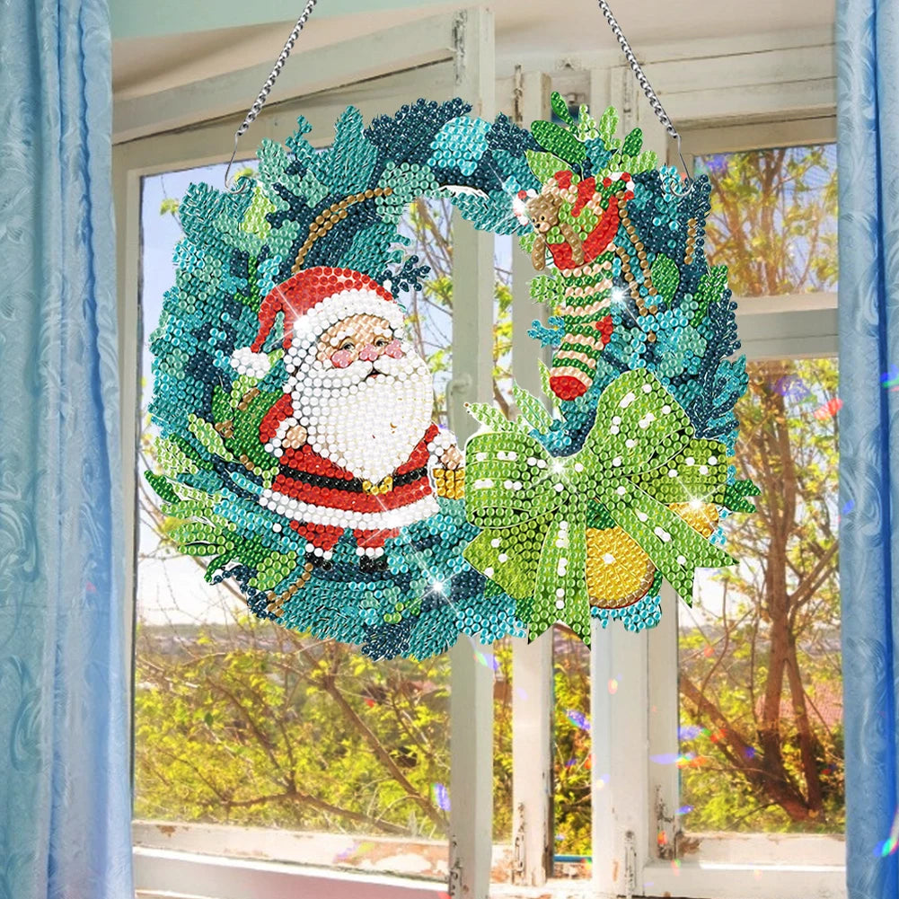 Diamond Painting Kerst krans met Kerstman, vogel, sneeuwpop en meer