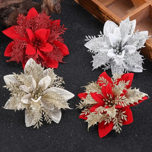 Kerstboom ornamenten glitter bloemen 14cm kerstdecoratie set