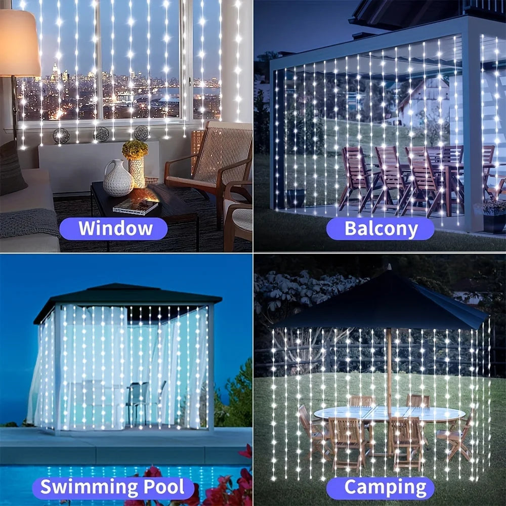 Kerst lichtgordijn op zonne-energie met 8 lichtstanden voor buiten