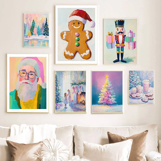 Kerst schilderij sfeervol nachtelijk sneeuwhuis met kerstboom op canvas