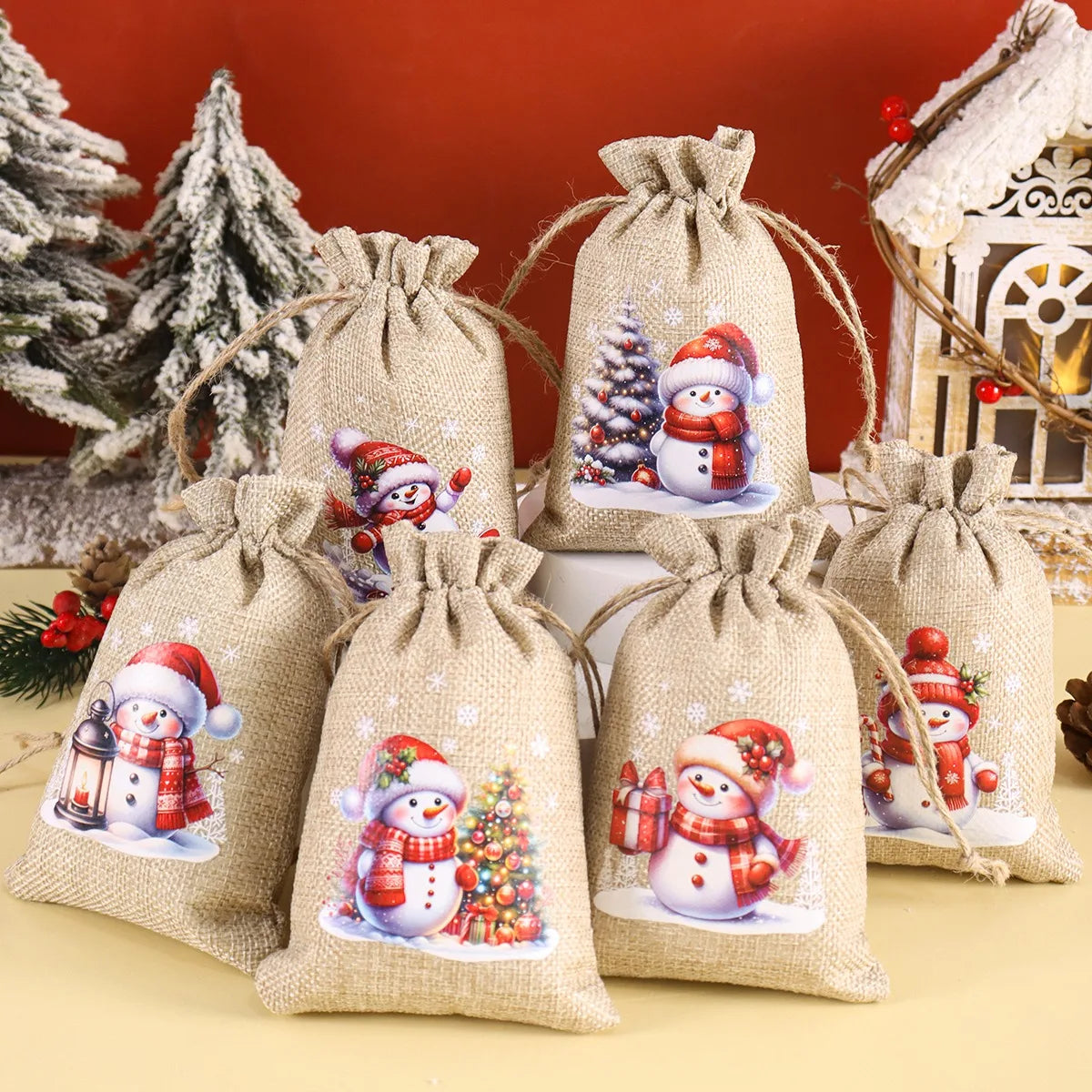 Kerst cadeauverpakking linnen trekkoord zakjes set van 6 stuks
