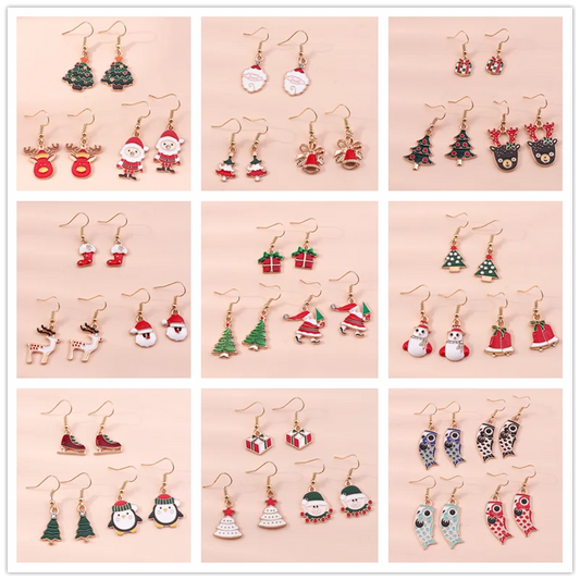 Kerst oorbellen set met kerstman, rendier, ster, bel en sneeuwpop