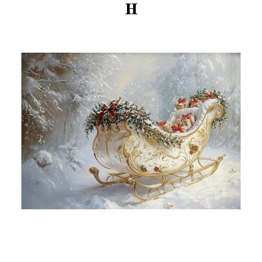 Kerst schilderij roze strik cadeau kerstboom sneeuwhuis slee poster