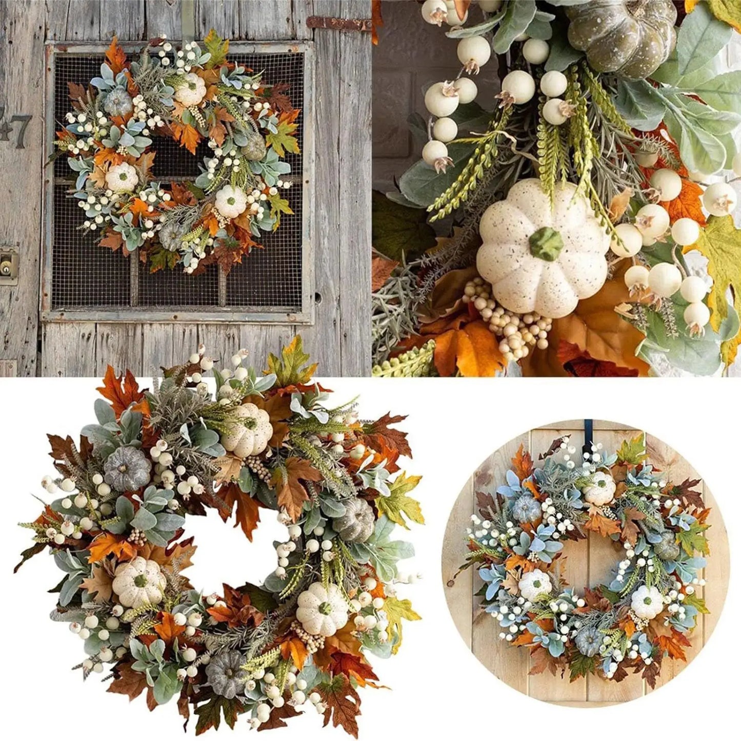 Kerst krans met pompoen bessen en herfstbladeren voor deurdecoratie
