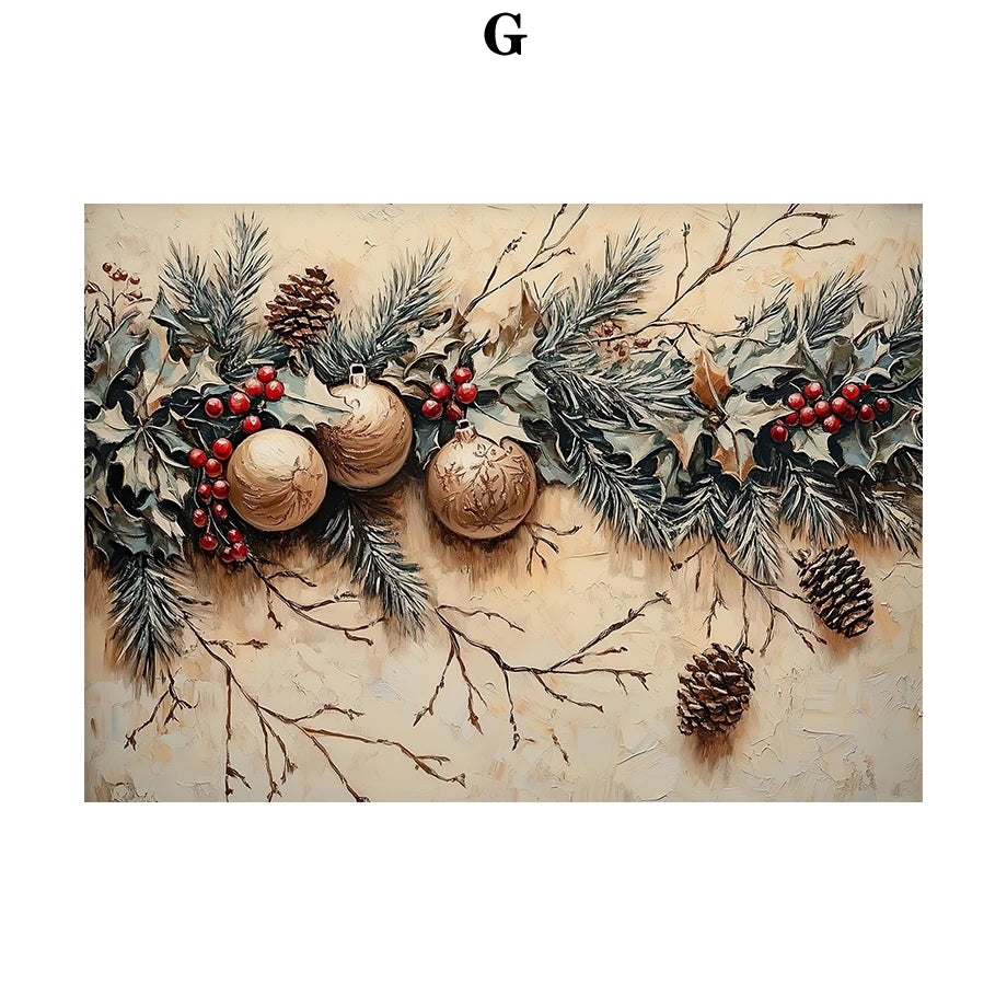 Kerst schilderij roze strik cadeau kerstboom sneeuwhuis slee poster