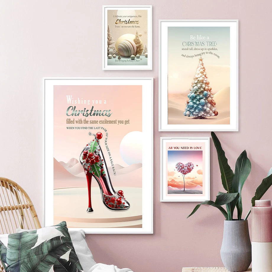 Kerst schilderij modieuze vrouw met kerstboom en hoge hakken op canvas