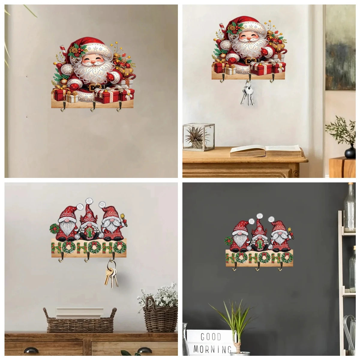 Diamond Painting Kapstok/Sleutelrek Kerst – Houten Wandhaak met Diamond Painting Steentjes