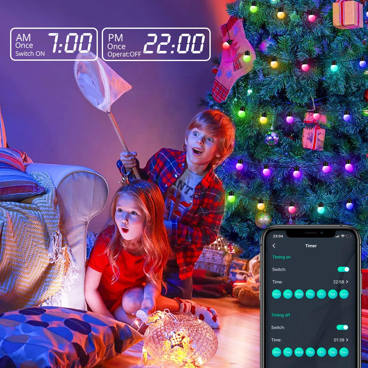 Slimme Kerstverlichting – 10M Bluetooth LED Slinger met 50 Kleurrijke Lampjes, IP44 Waterdicht, USB, Met Muziek & App-bediening