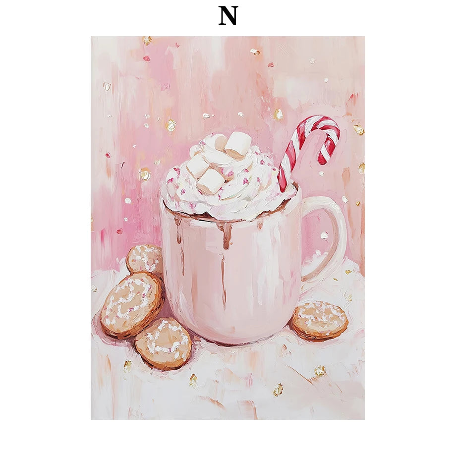 Kerst schilderij rendier en kerstman roze kerstkrans wanddecoratie
