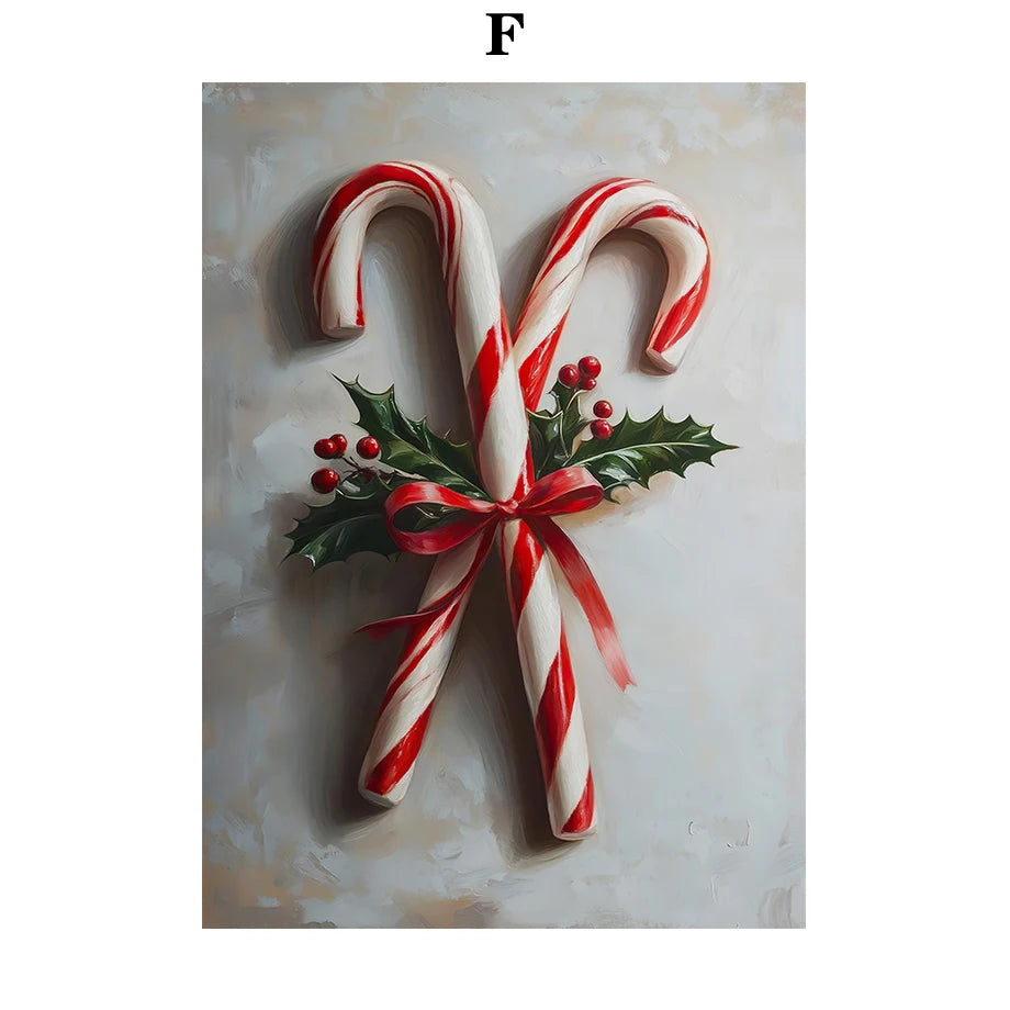 Kerst schilderij roze strik cadeau kerstboom sneeuwhuis slee poster