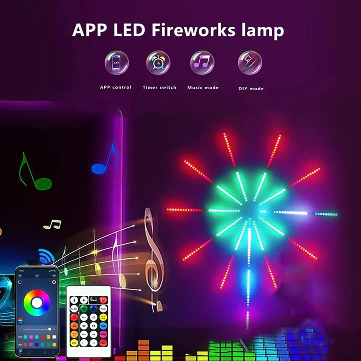 Slimme Kerstverlichting - Dynamische Vuurwerk LED Lichtstrips met Muzieksynchronisatie, RGB, Bluetooth & Afstandsbediening - 180 LEDs