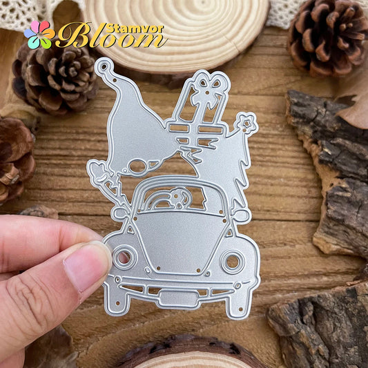 Snijmal kerst truck met vrolijke kabouter voor kaarten en scrapbooking