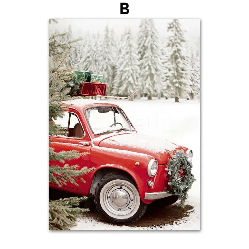 Kerst schilderij rode amaryllis met kerstboom en notenkraker – sfeervolle wanddecoratie