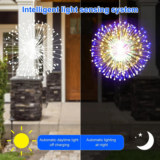 Solar Kerst verlichting vuurwerk buiten – 200 LED koperdraad lichtsnoer met 8 standen