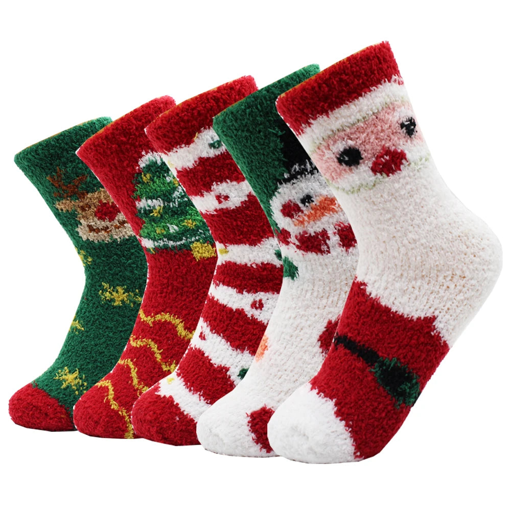 Kerstsokken warme zachte fleece met rendier en sneeuwvlok design – 5 paar