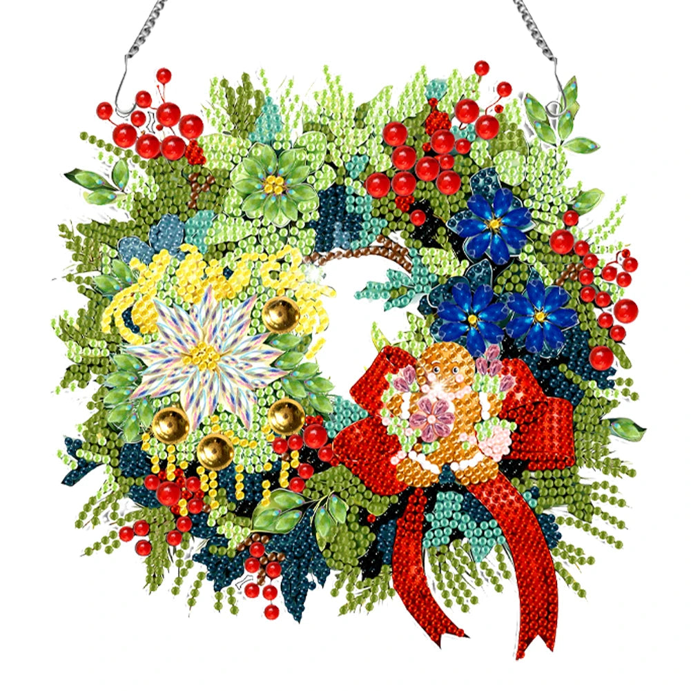 Diamond Painting Kerst krans met Kerstman, vogel, sneeuwpop en meer