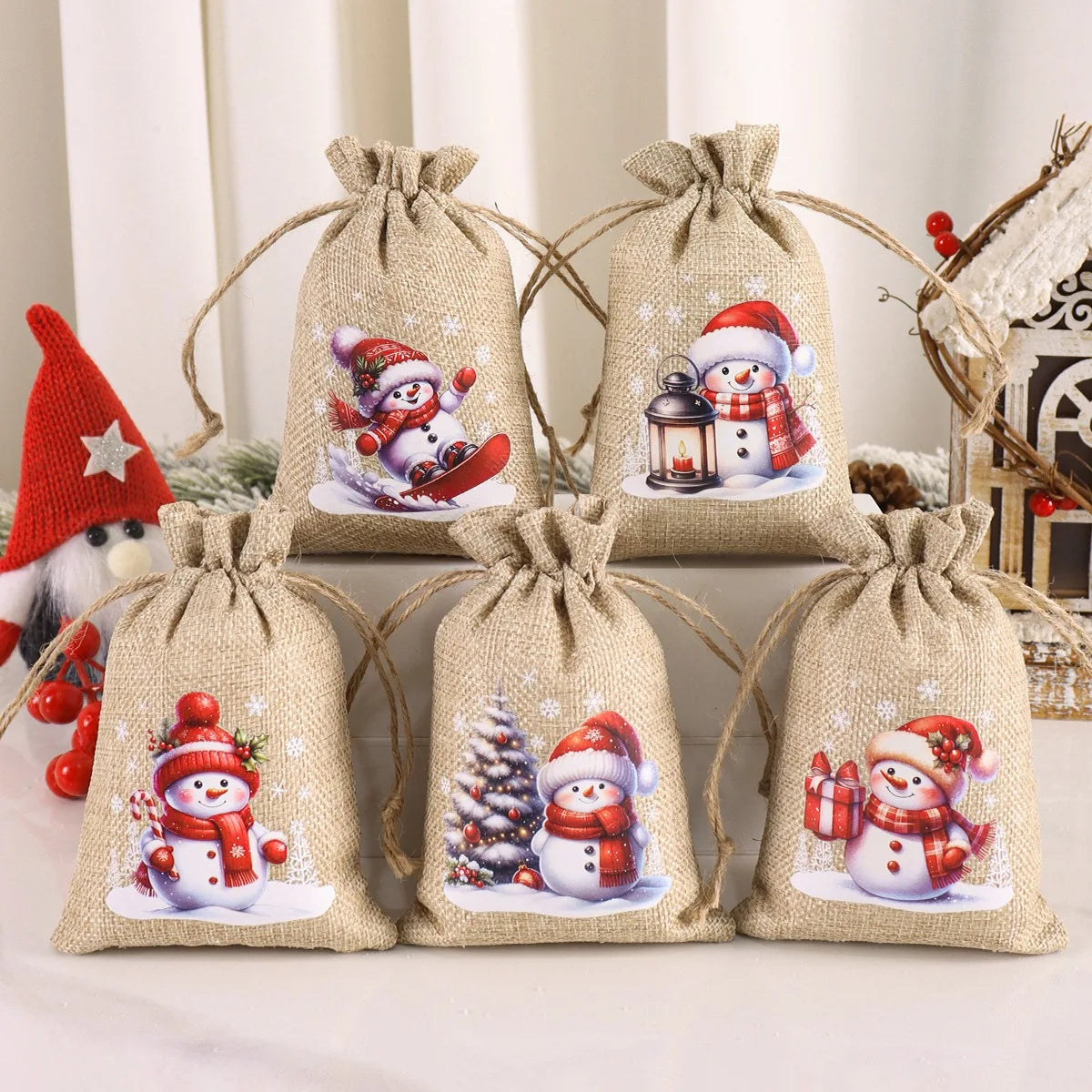 Kerst cadeauverpakking linnen trekkoord zakjes set van 6 stuks