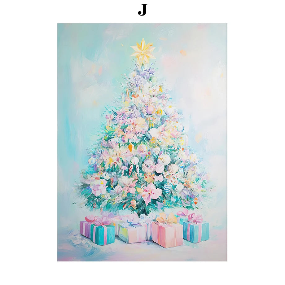 Kerst schilderij roze strik cadeau kerstboom sneeuwhuis slee poster