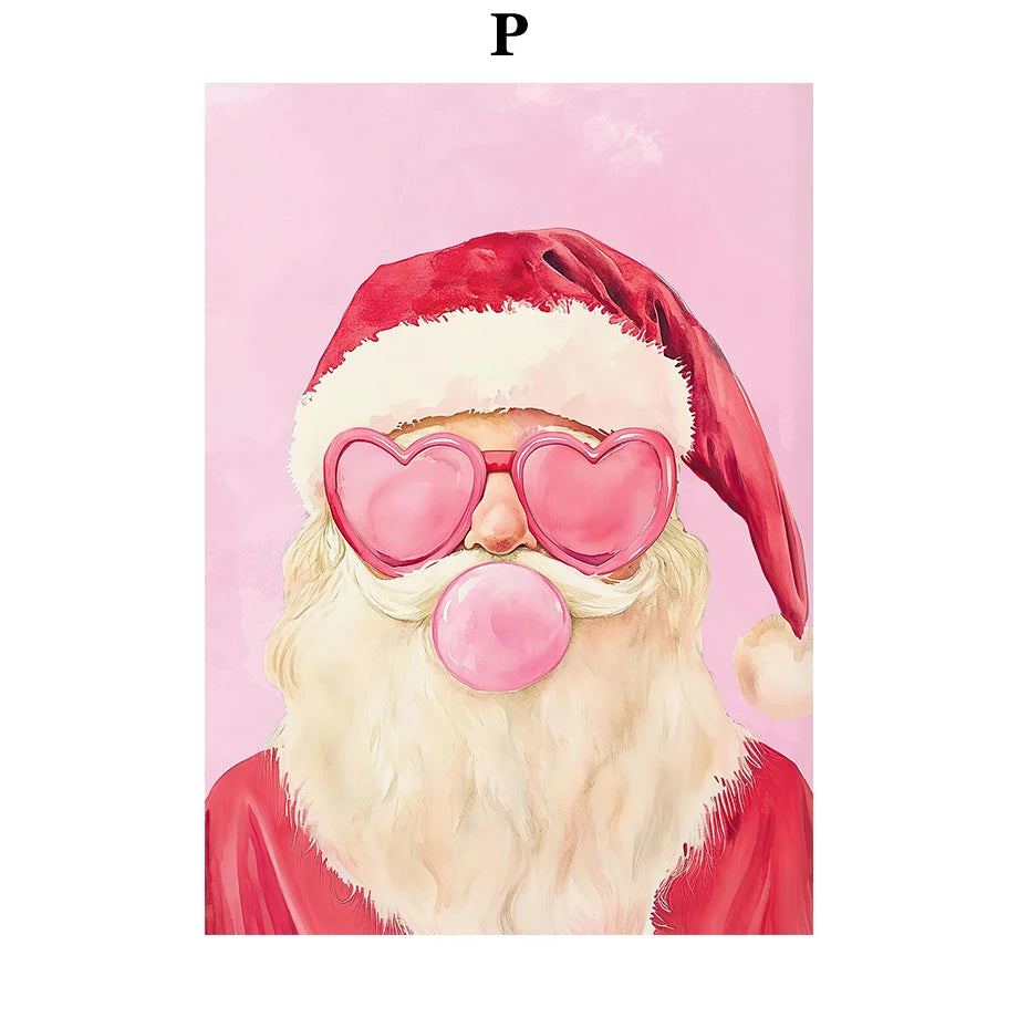 Kerst schilderij rendier en kerstman roze kerstkrans wanddecoratie
