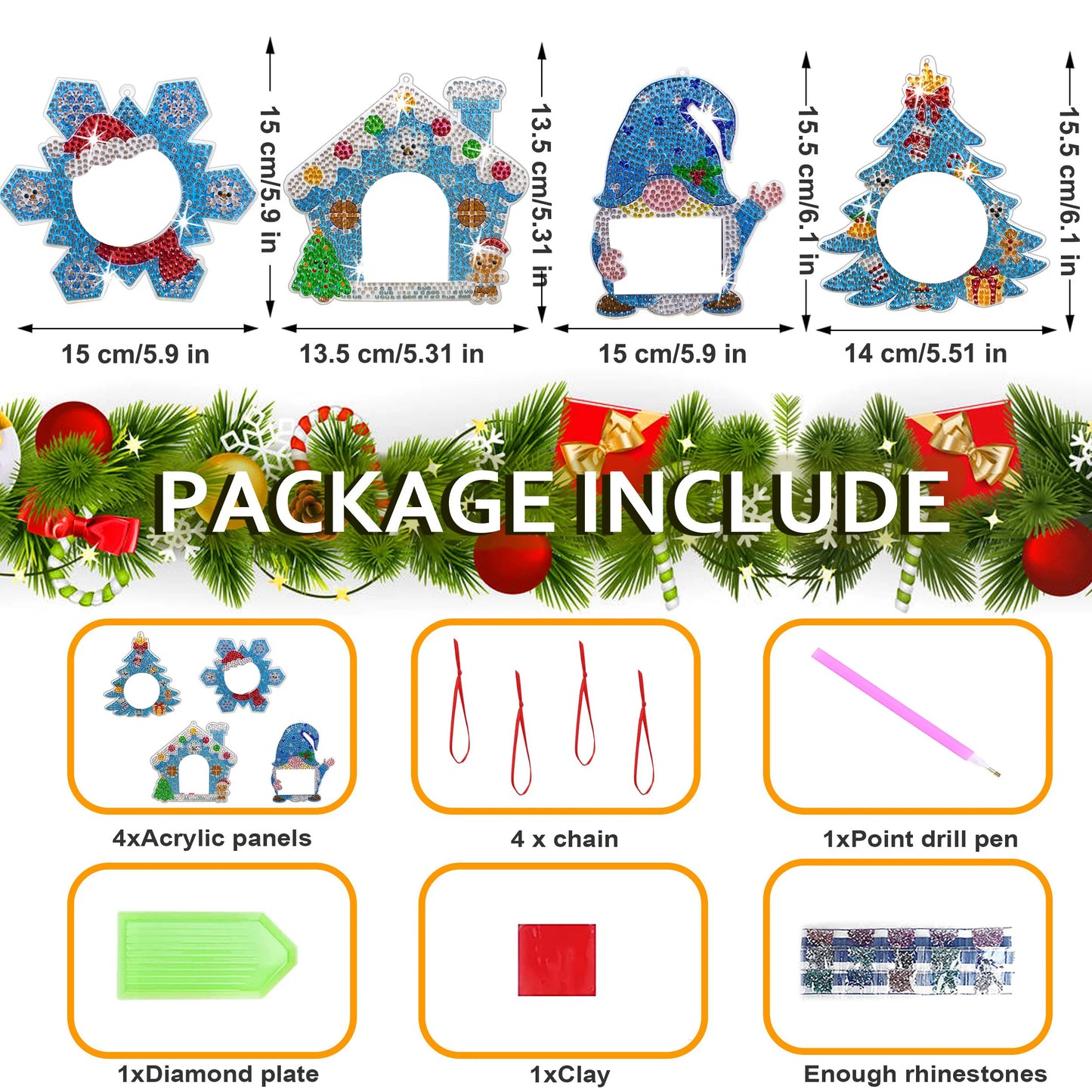 Diamond Painting Kersthangers fotolijst kerstdecoratie set 4 stuks - SDZ003