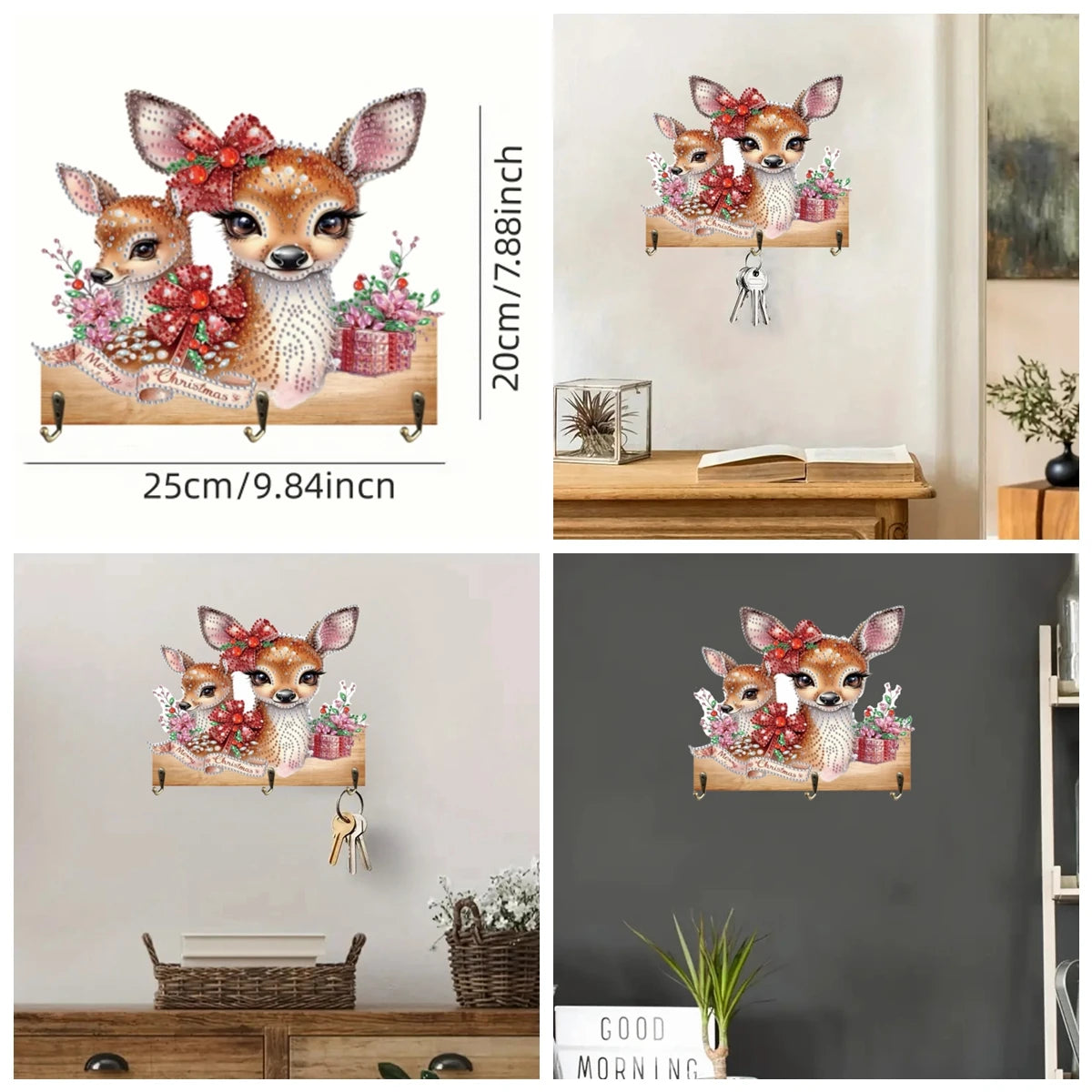 Diamond Painting Kapstok/Sleutelrek Kerst – Houten Wandhaak met Diamond Painting Steentjes