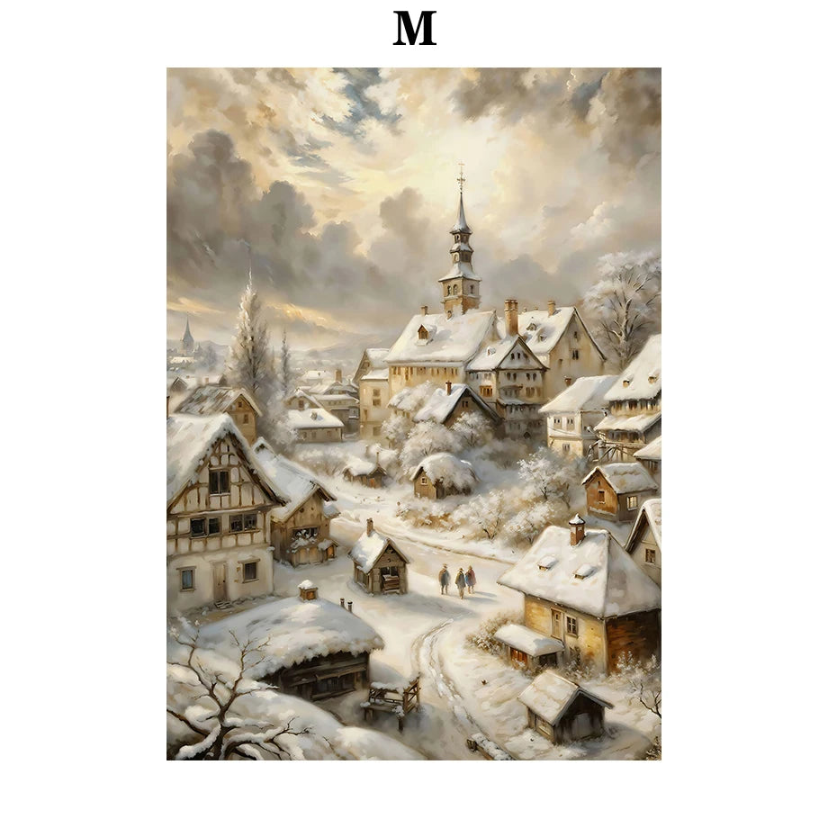 Kerst schilderij met kerstman, sneeuwpop, rendier en arrenslee wintertafereel