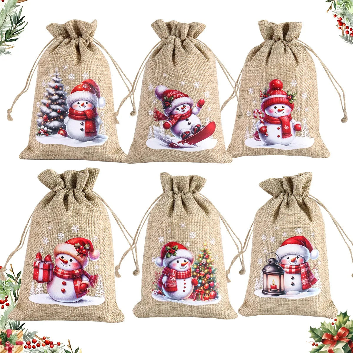 Kerst cadeauverpakking linnen trekkoord zakjes set van 6 stuks