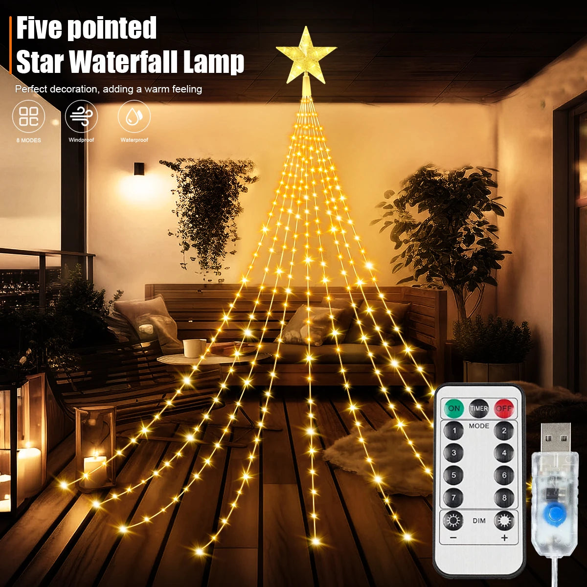Led Kerstboom Waterval Slingerlicht met Ster Top – 8 Lichtstanden voor Binnen & Buiten