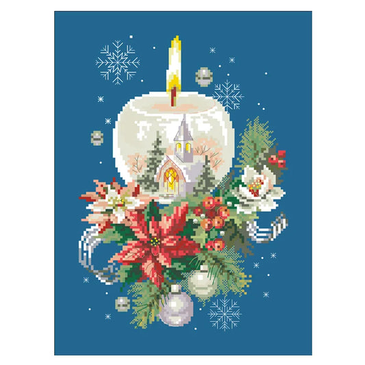 Borduurpakket kerstkaars – telpatroon op blauwe stof (11ct/14ct)