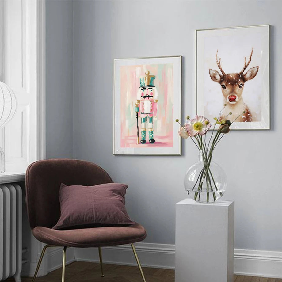 Kerst schilderij rendier en kerstman roze kerstkrans wanddecoratie