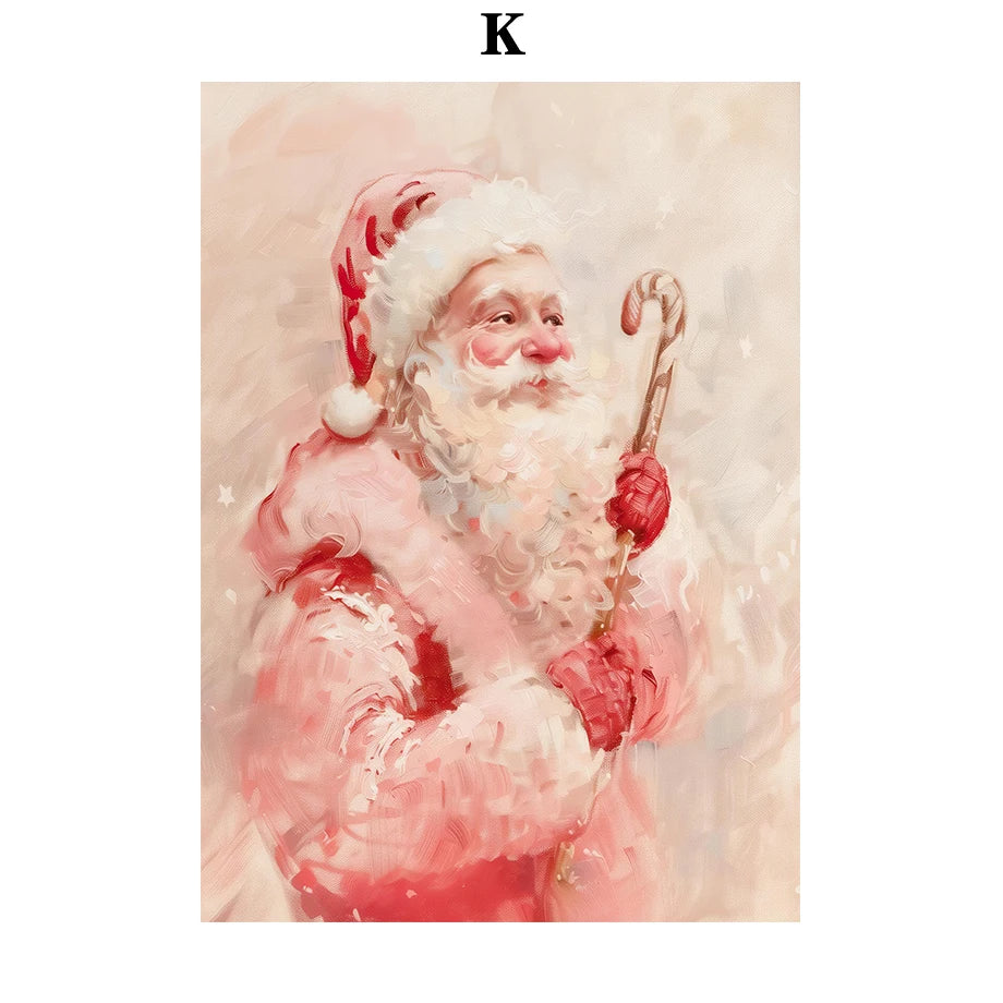 Kerst schilderij rendier en kerstman roze kerstkrans wanddecoratie