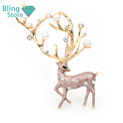 Kerst Broche rendier rood bruin met parel en emaille details