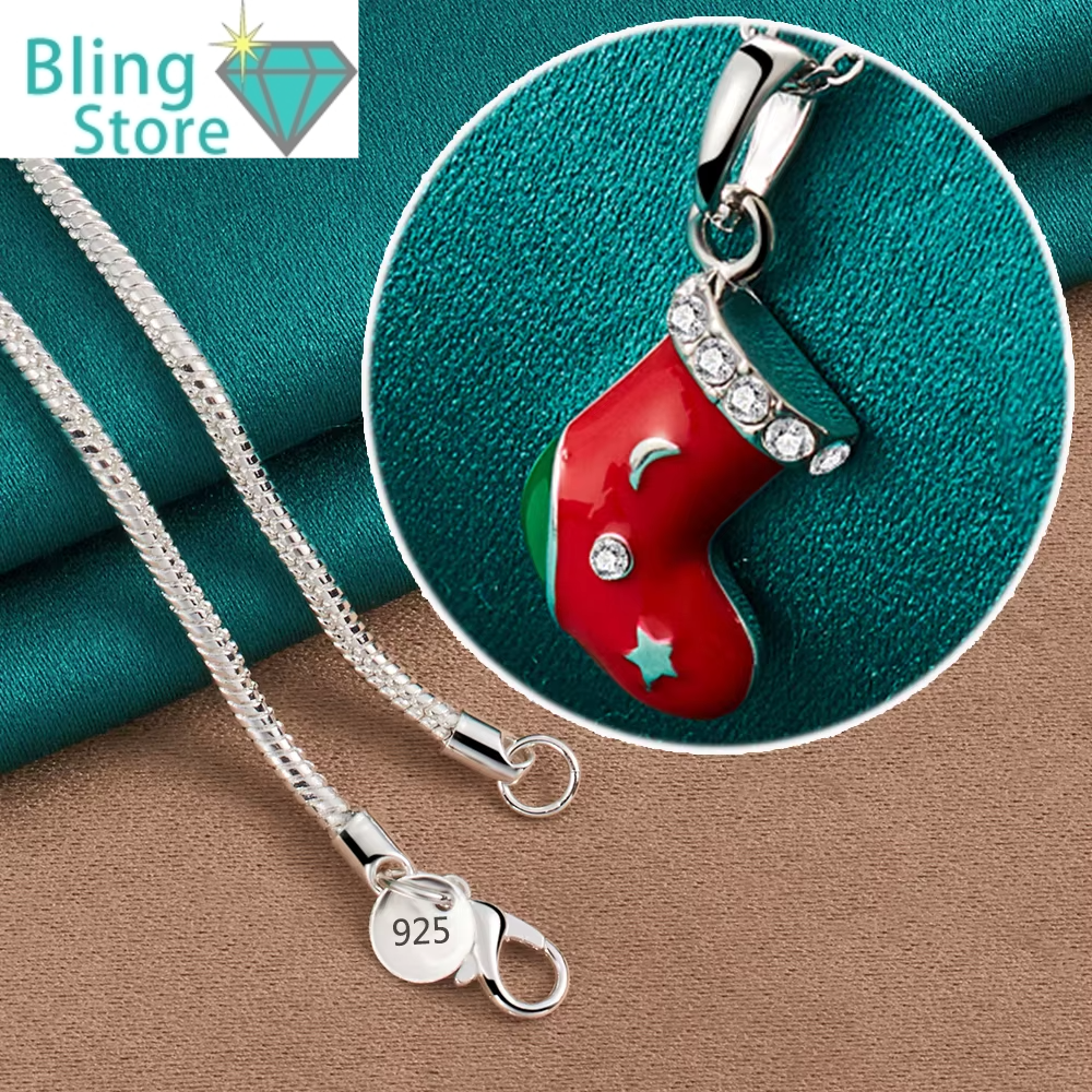 Kerst ketting met rode schoen hanger van 925 zilver en sprankelende zirkonia