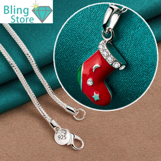 Kerst ketting met rode schoen hanger van 925 zilver en sprankelende zirkonia