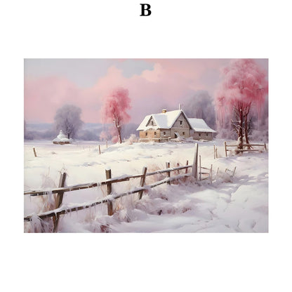 Kerst schilderij roze kerstboom met sneeuwhuis en winterse sfeer op canvas