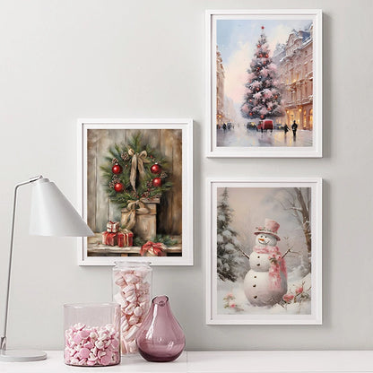 Kerst schilderij vintage trein met roze sneeuwpop en kerstboom in winterbos