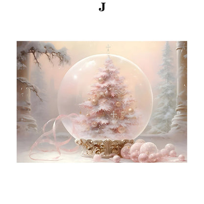 Kerst schilderij roze kerstboom met sneeuwhuis en winterse sfeer op canvas