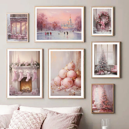 Kerst schilderij roze kerstboom met sneeuwhuis en winterse sfeer op canvas