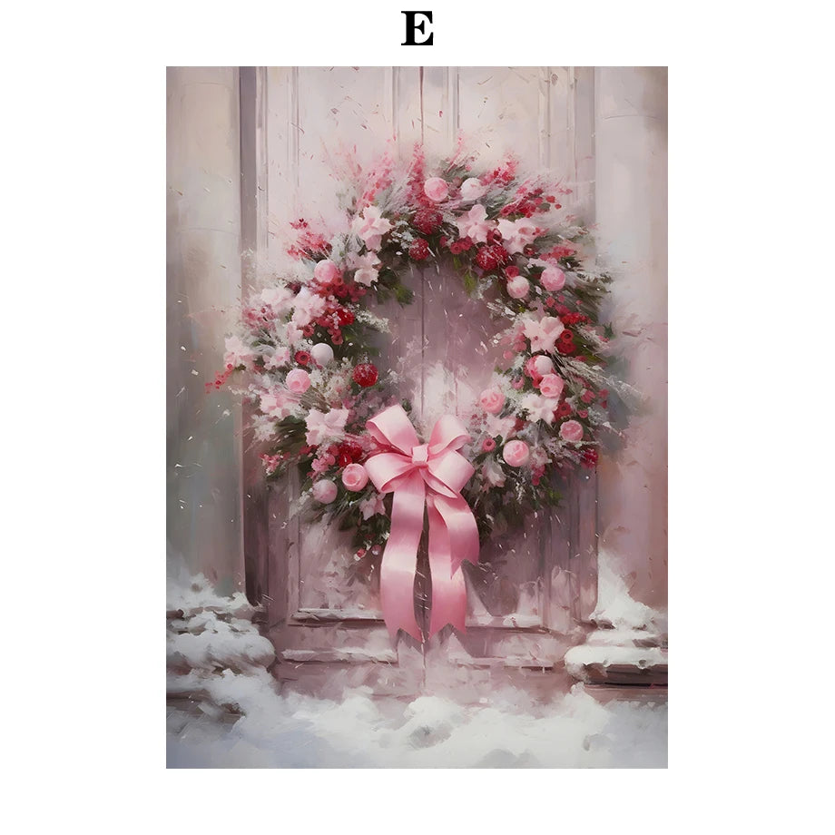 Kerst schilderij roze kerstboom met sneeuwhuis en winterse sfeer op canvas