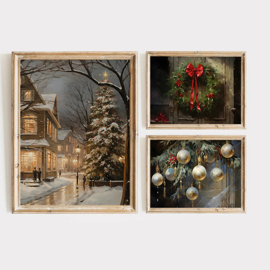 Kerst schilderij Santa Claus sneeuwvlokken poster voor feestelijke muurdecoratie