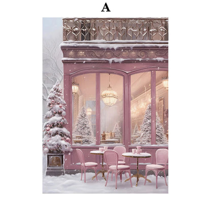Kerst schilderij roze kerstboom met sneeuwhuis en winterse sfeer op canvas