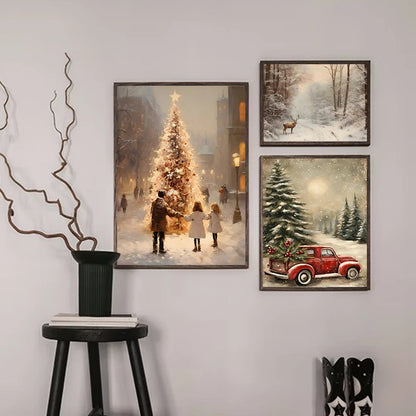 Kerst schilderij Ski Puppy Santa Vintage Auto en Kerstboom Canvas