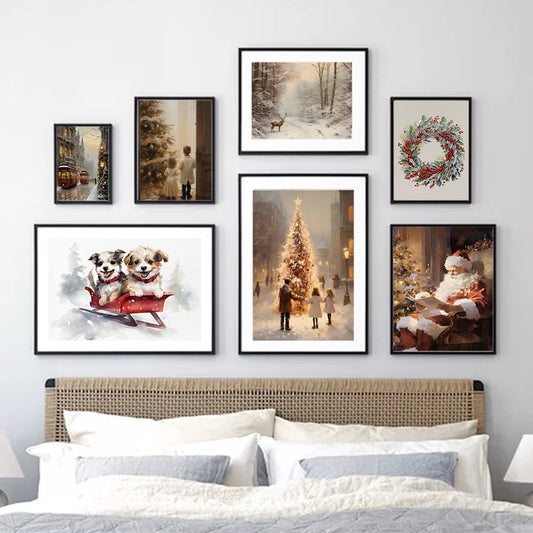 Kerst schilderij Ski Puppy Santa Vintage Auto en Kerstboom Canvas
