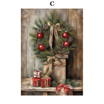Kerst schilderij vintage trein met roze sneeuwpop en kerstboom in winterbos