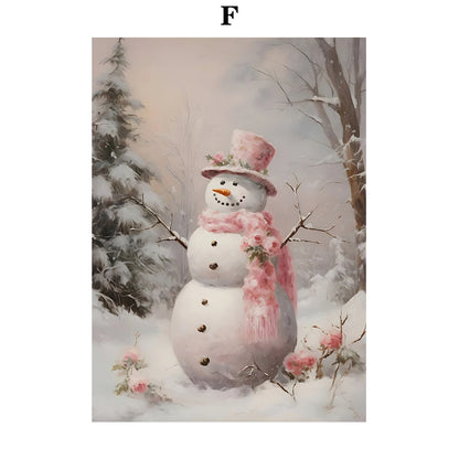 Kerst schilderij vintage trein met roze sneeuwpop en kerstboom in winterbos