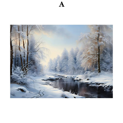 Kerst schilderij vintage trein met roze sneeuwpop en kerstboom in winterbos
