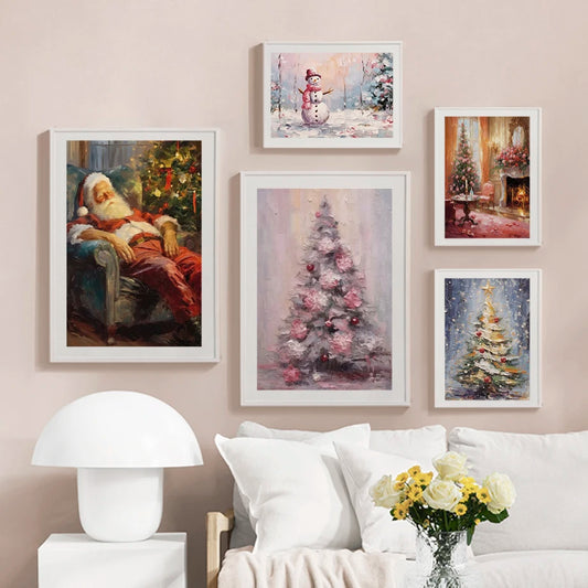 Kerst schilderij sneeuwpop kerstman kerstboom canvas wanddecoratie