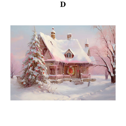 Kerst schilderij roze kerstboom met sneeuwhuis en winterse sfeer op canvas