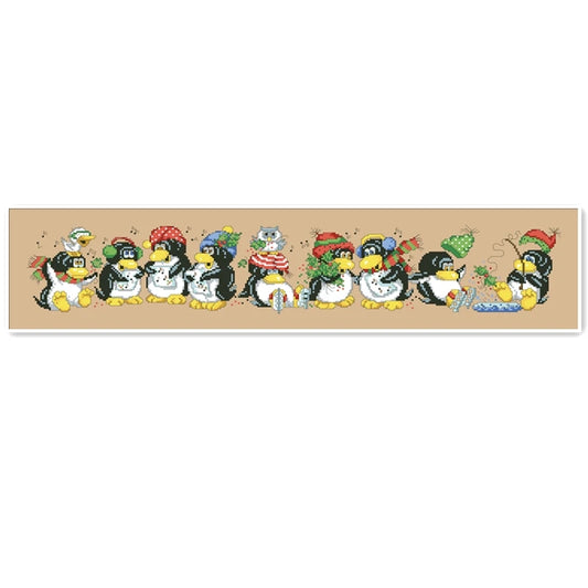 Borduurpakket Kerst pinguïn rij kruissteek set met linnen en katoendraad