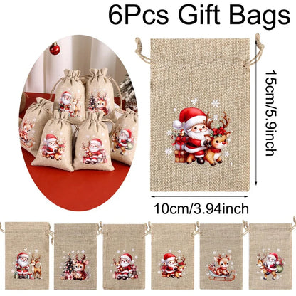 Kerst cadeauverpakking linnen trekkoord zakjes set van 6 stuks